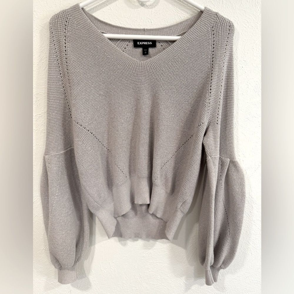 Express Silver Metallic Sparkle Bell Sleeve V-Neck Sweater Size Small EUC